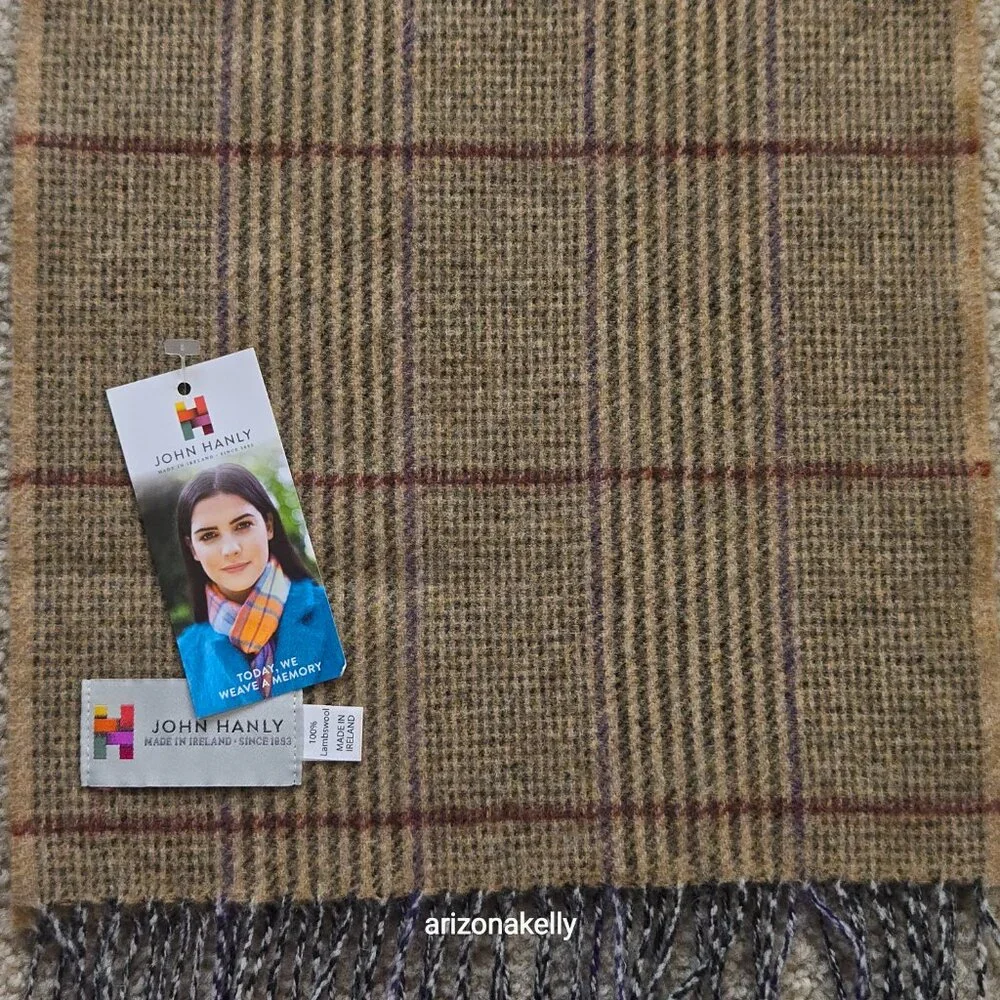 NWT John Hanly Lambswool Tan Plaid Scarf